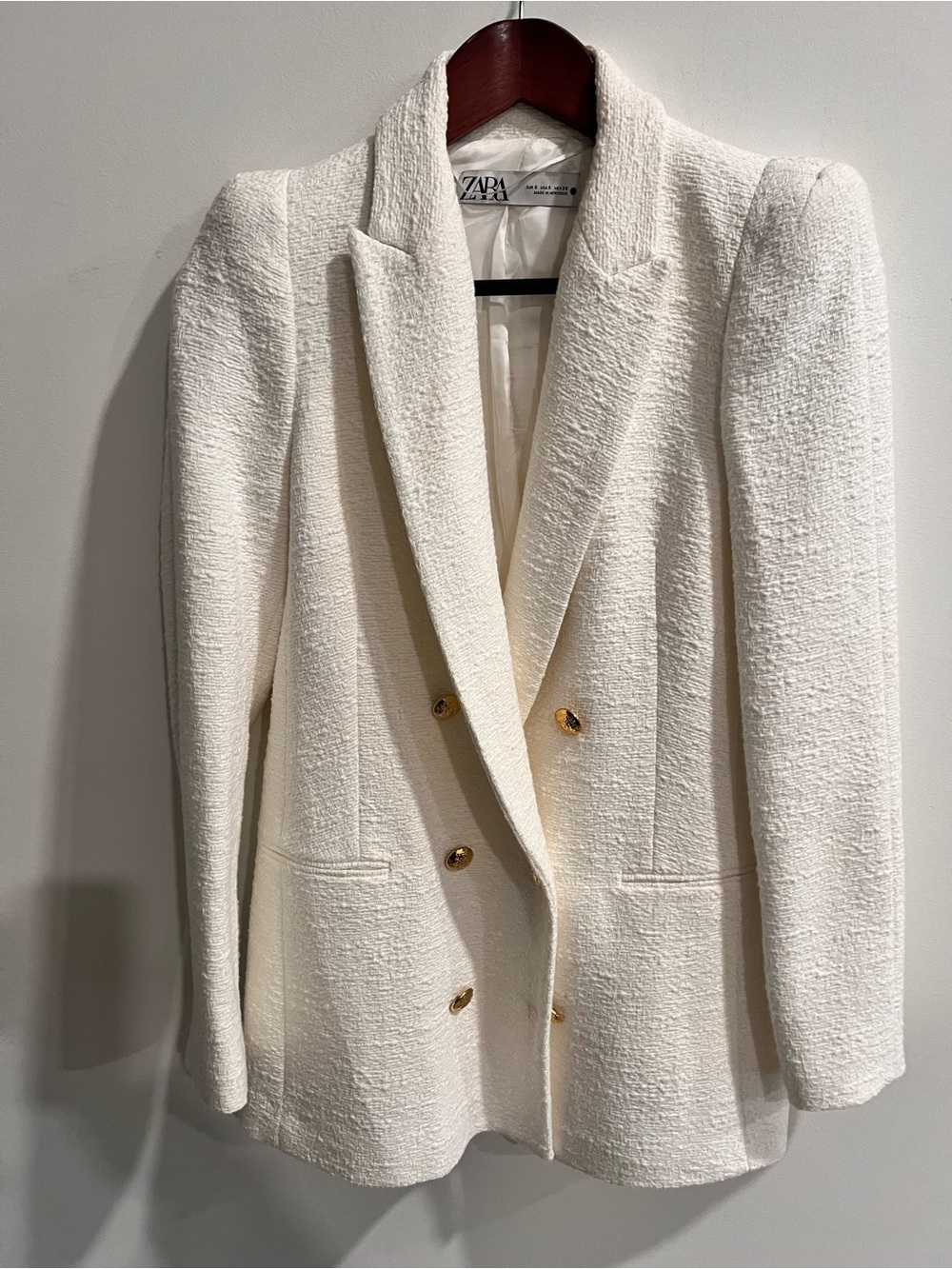 Zara Cream Double-Breasted Textured Blazer with Gold Buttons
